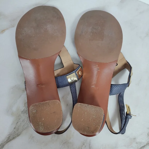 Tory Burch Navy Snake Print Leather Studded T-strap Block Heel Sandals, 10.5 - Picture 12 of 15